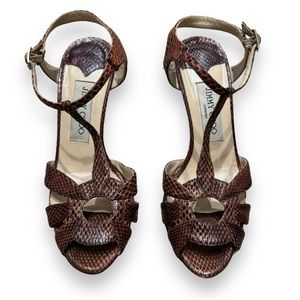 Jimmy Choo Brown Snakeskin T-Bar Ankle Strap Sandals